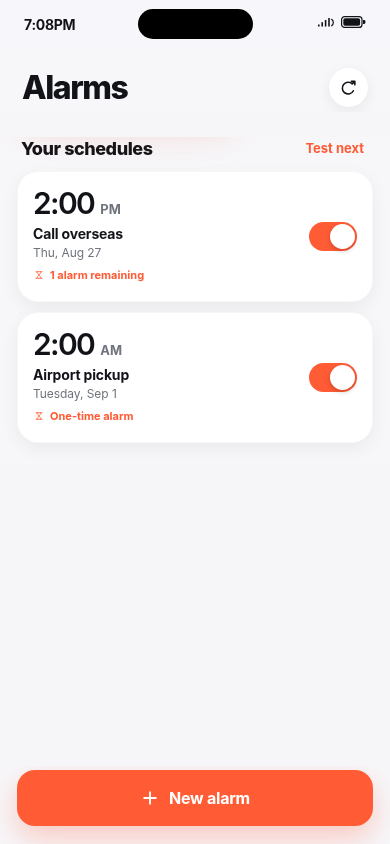 SetFor showing two date-based alarms: Call overseas and Airport pickup